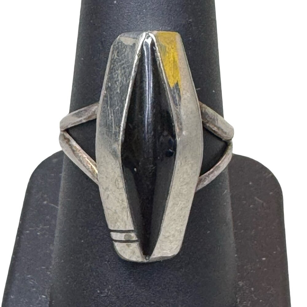 Vintage Modernist MCM Sterling Silver Ring Black Onyx Marquise Cut Stone Size 8